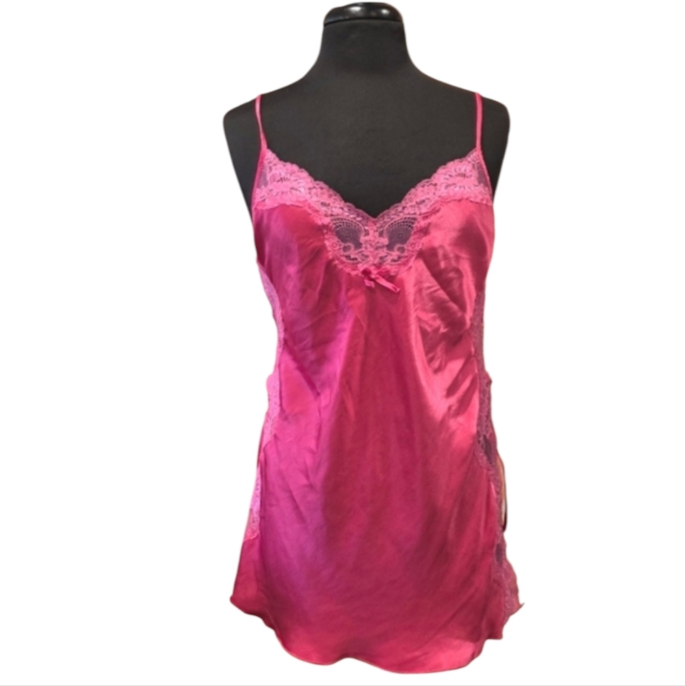 Vintage Y2K Pink Slip Dress Pink Lace Trim Chemise Satin Feminine Baddie 2000s